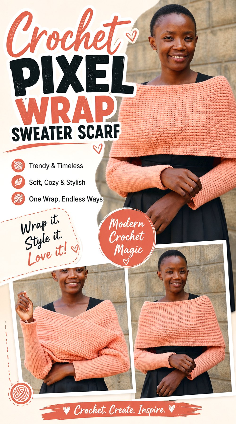 Crochet Pixel Wrap Sweater Scarf