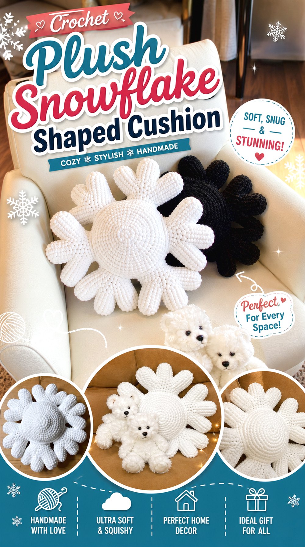Crochet Plush Snowflake Shaped Cushion