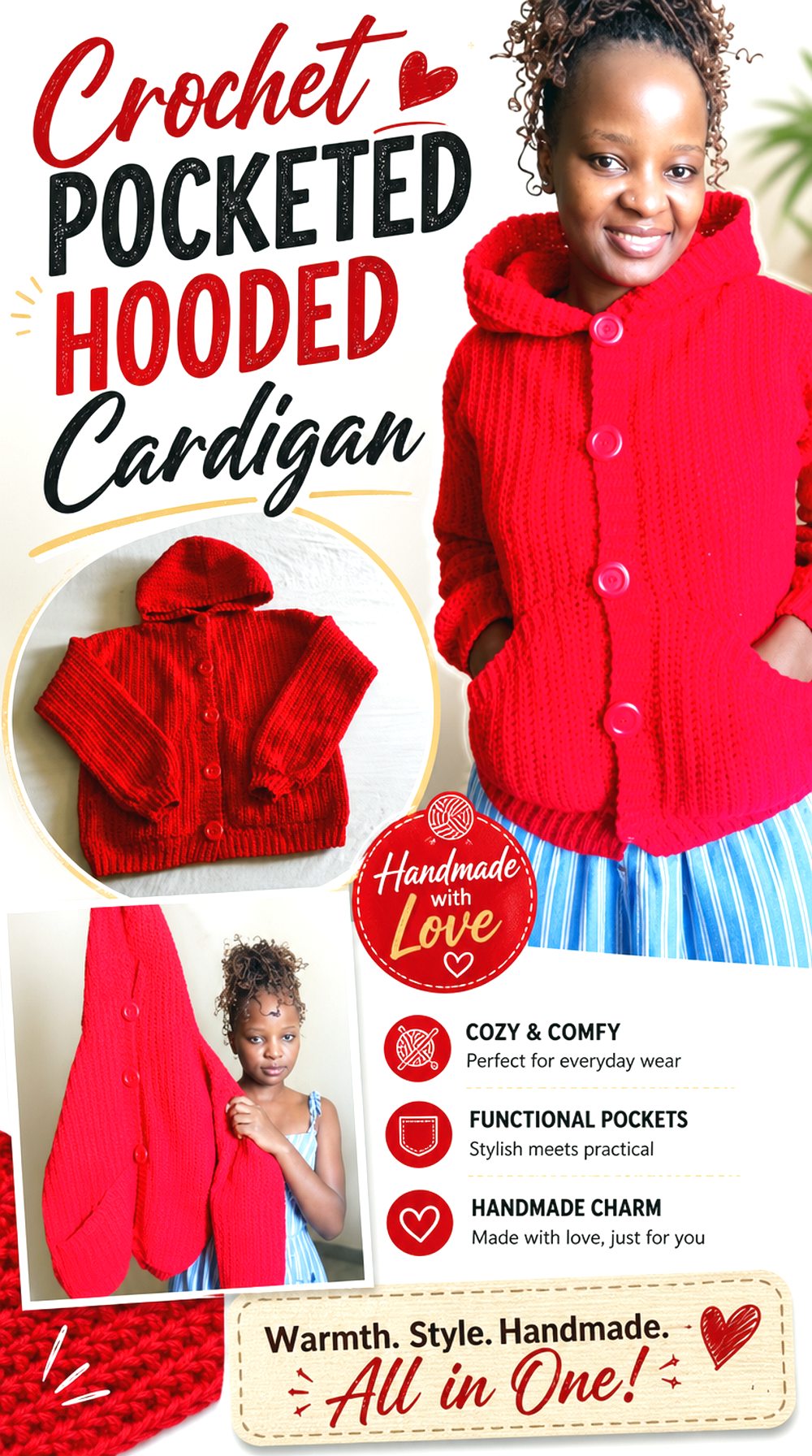 Crochet Pocketed Hooded Cardigan