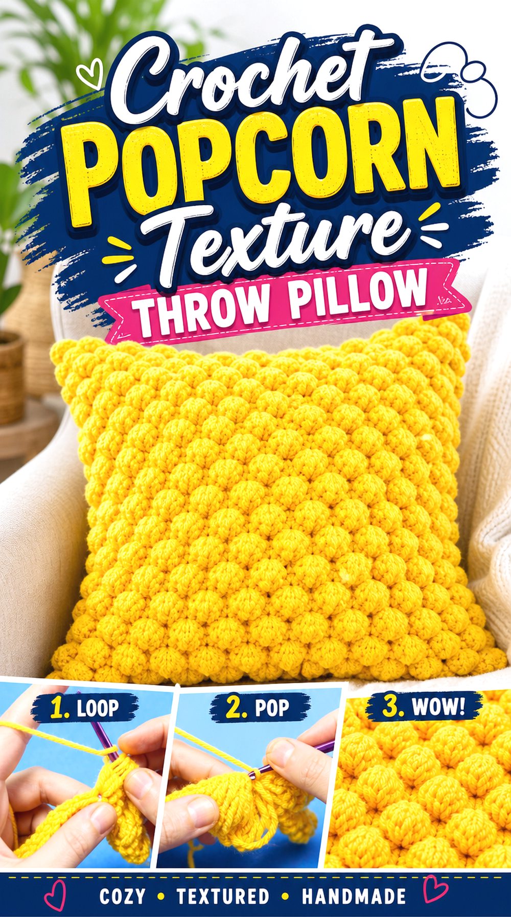 Crochet Popcorn Texture Throw Pillow