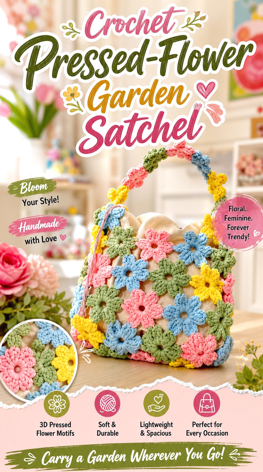 Crochet Pressed Flower Garden Satchel