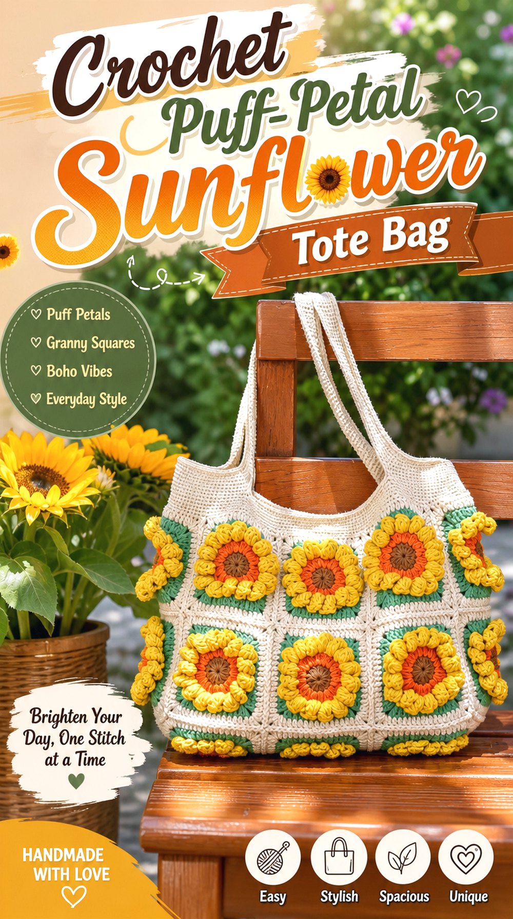 Crochet Puff Petal Sunflower Tote Bag