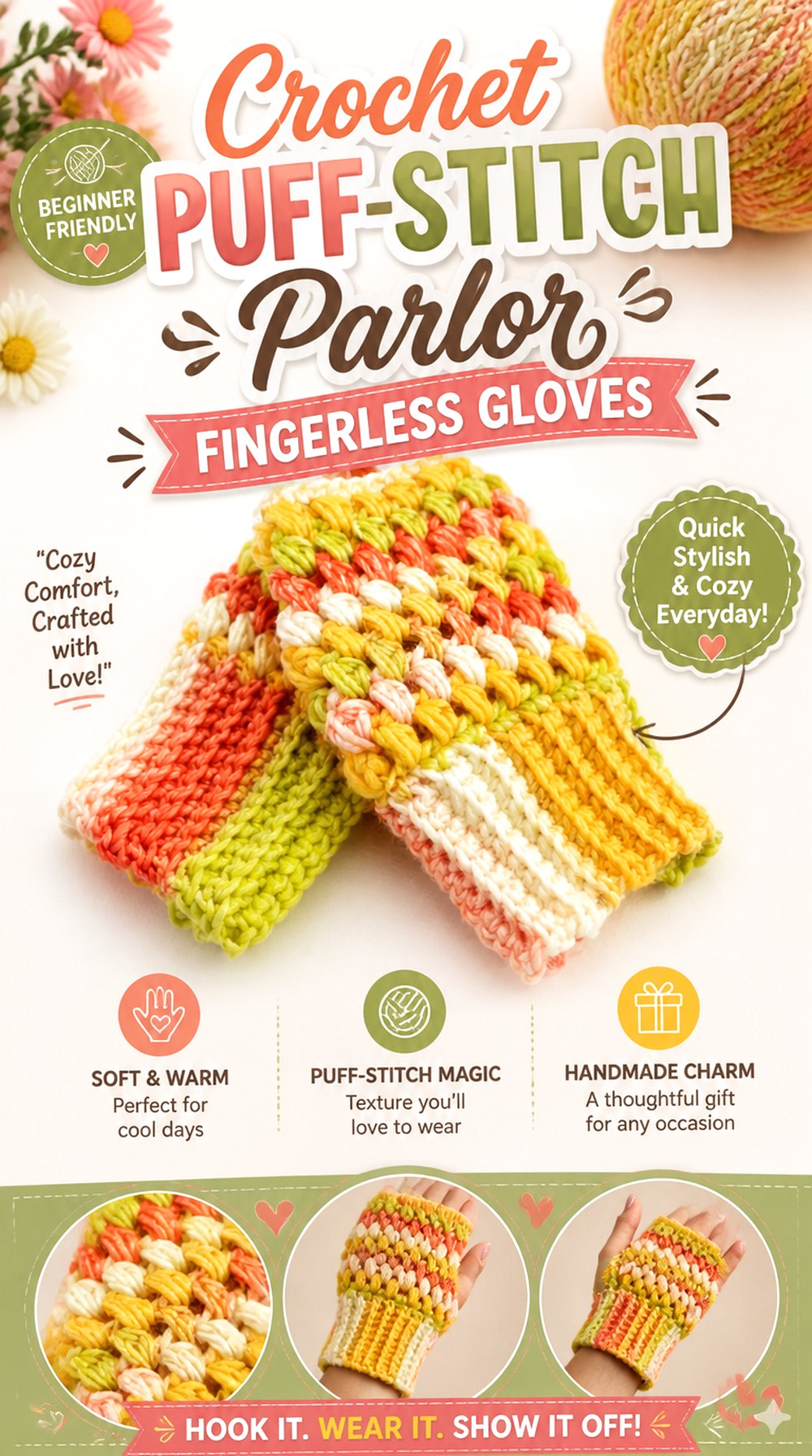 Crochet Puff Stitch Parlor Fingerless Gloves