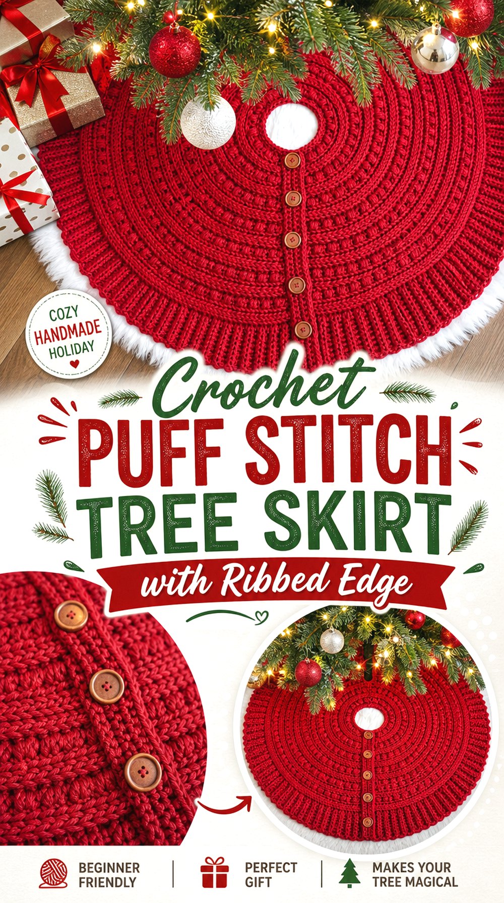 Crochet Puff Stitch Tree Skirt with Ribbed Edge