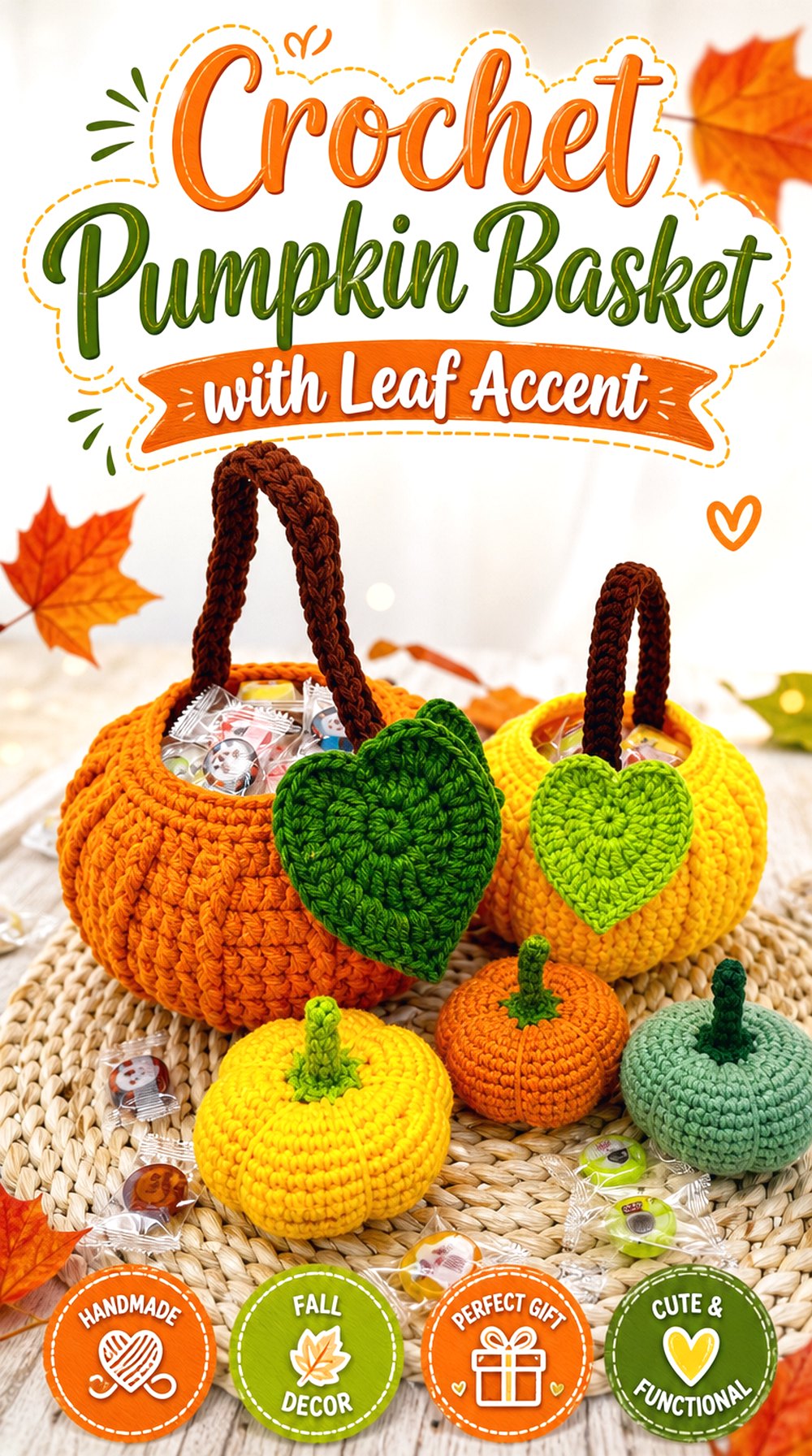 Crochet Pumpkin Basket with Leaf Accent