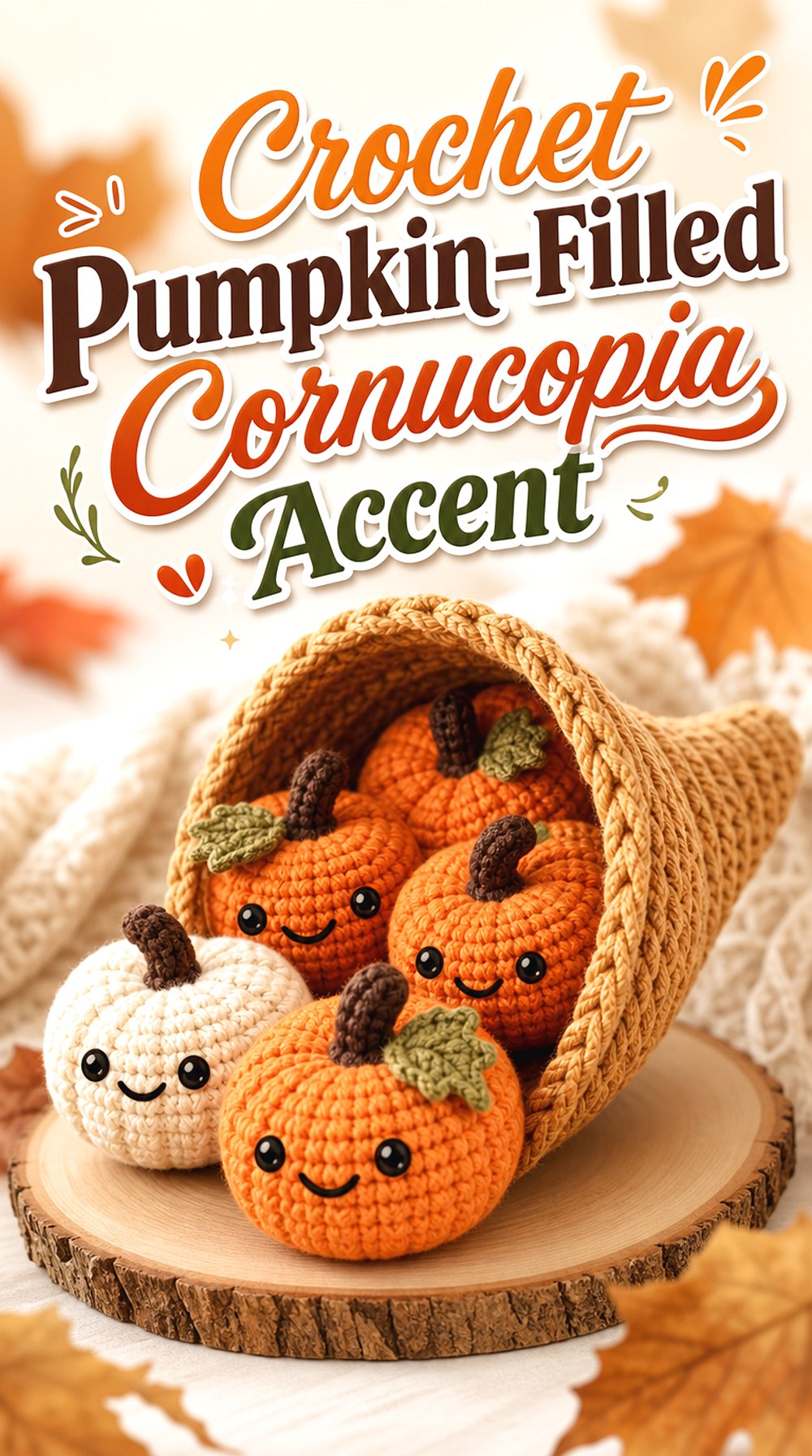 Crochet Pumpkin Filled Cornucopia Accent