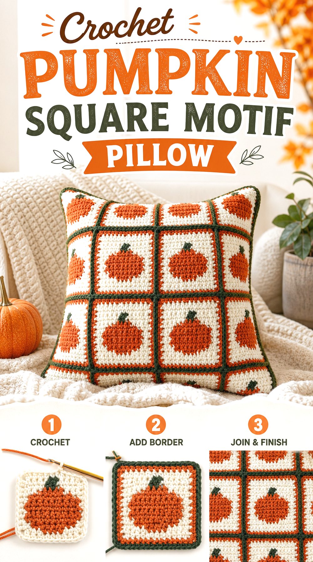 Crochet Pumpkin Square Motif Pillow