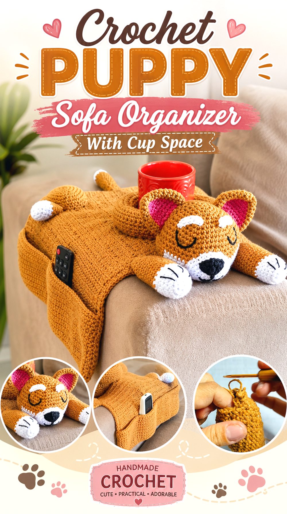Crochet Puppy Sofa Organizer With Cup Space