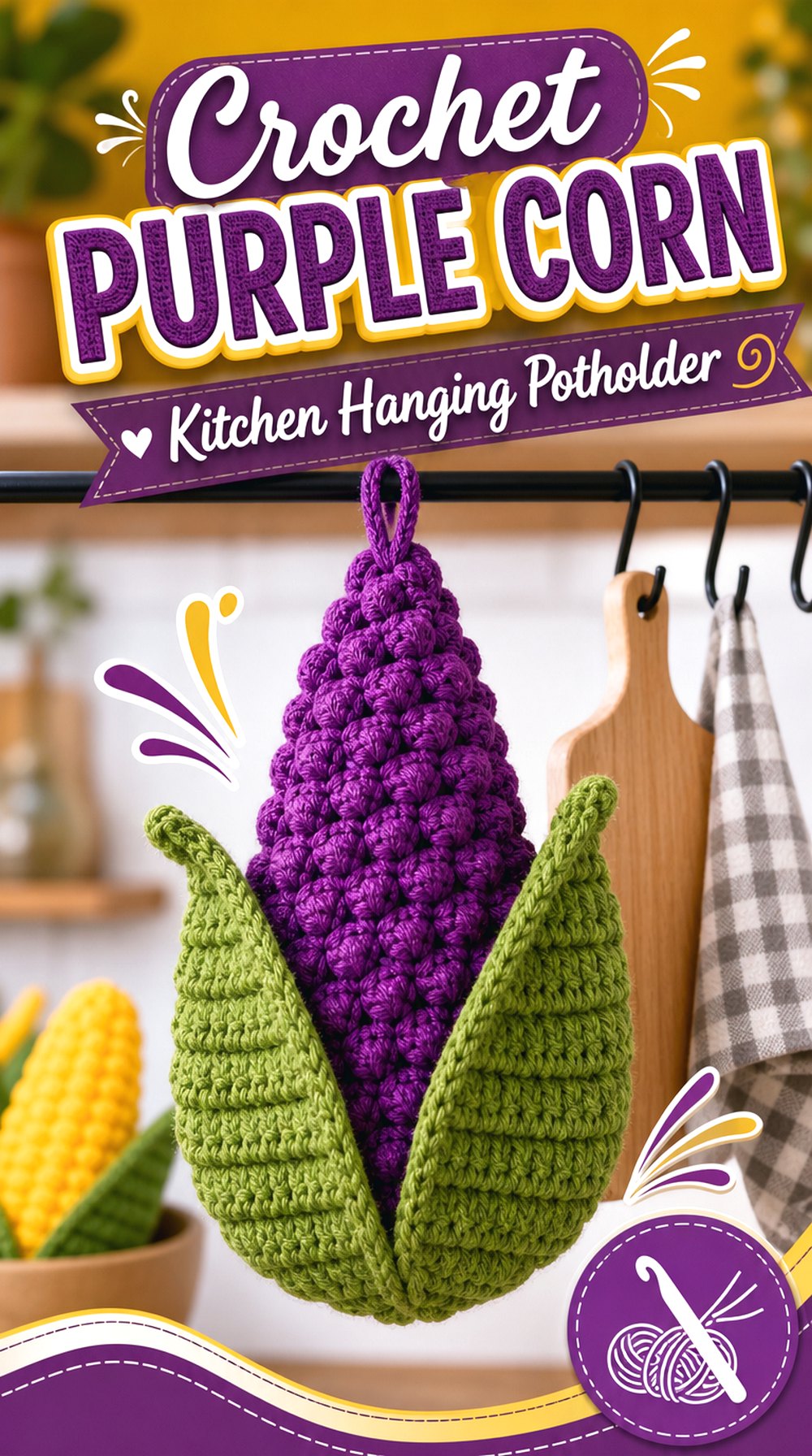 Crochet Purple Corn Kitchen Hanging Potholder