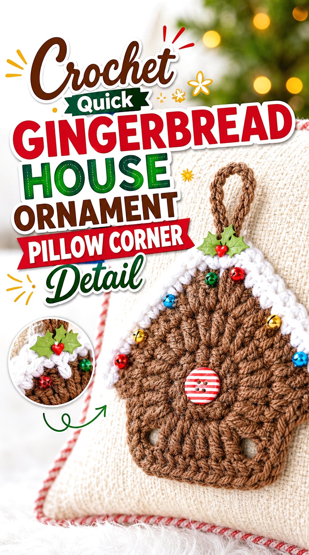 Crochet Quick Gingerbread House Ornament Pillow Corner Detail