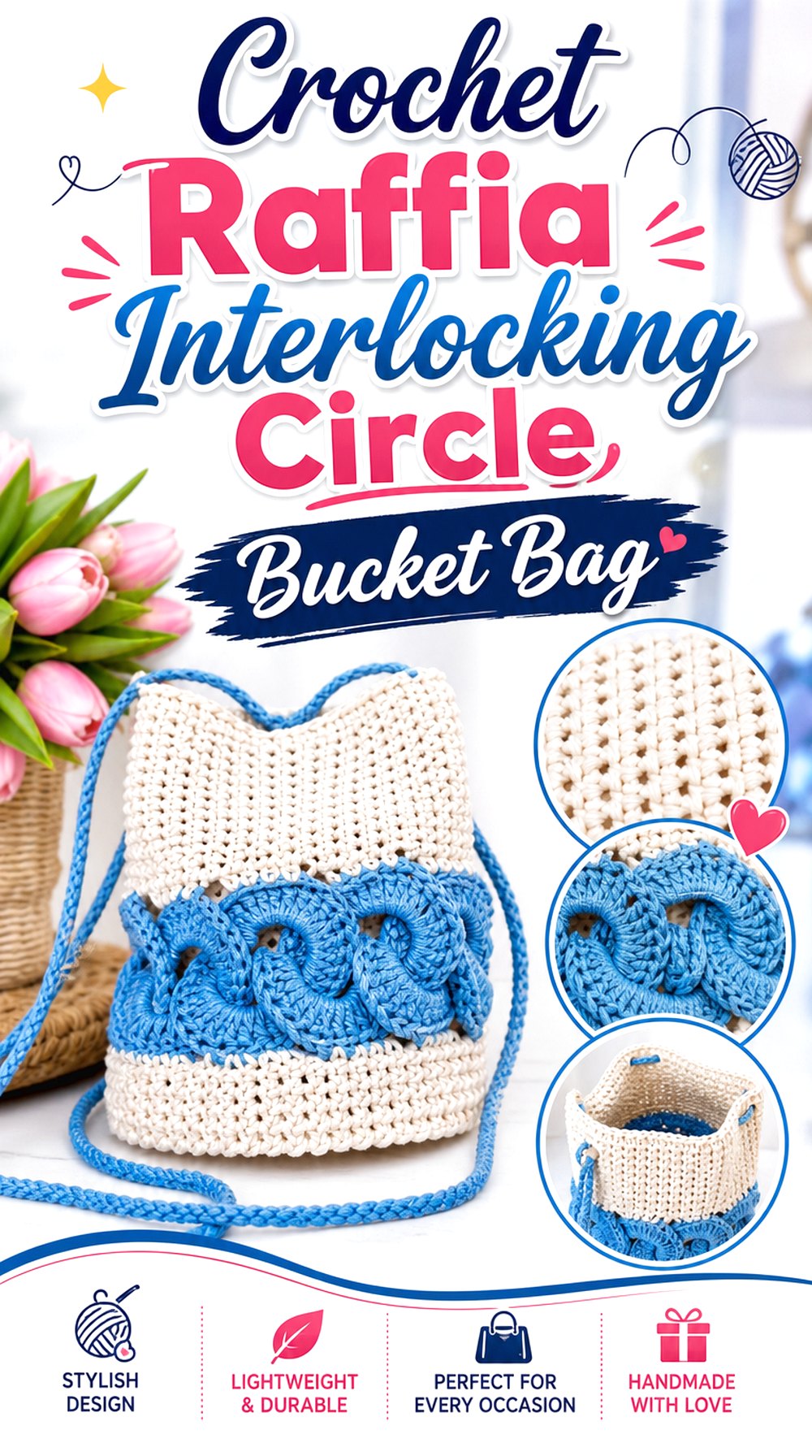 Crochet Raffia Interlocking Circle Bucket Bag