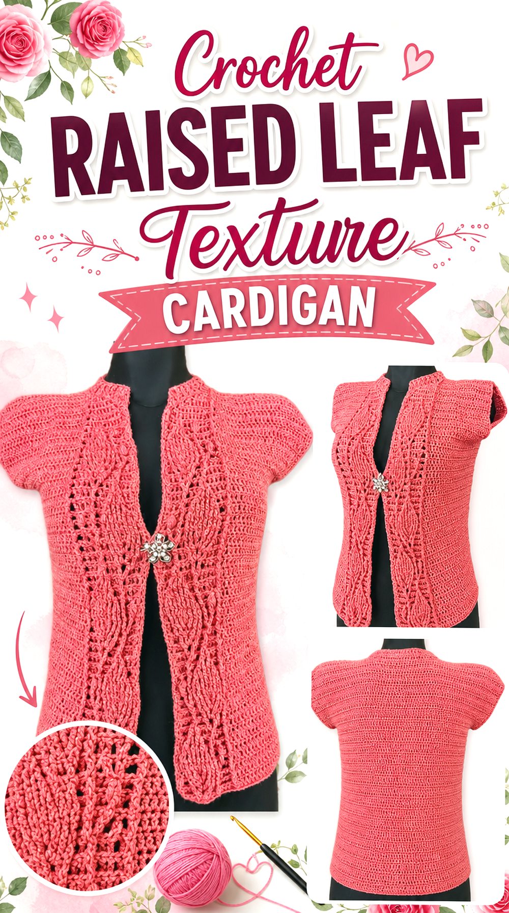Crochet Raised Leaf Texture Cardigan