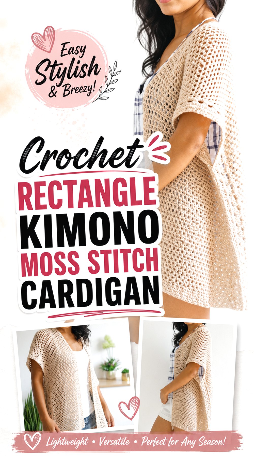 Crochet Rectangle Kimono Moss Stitch Cardigan