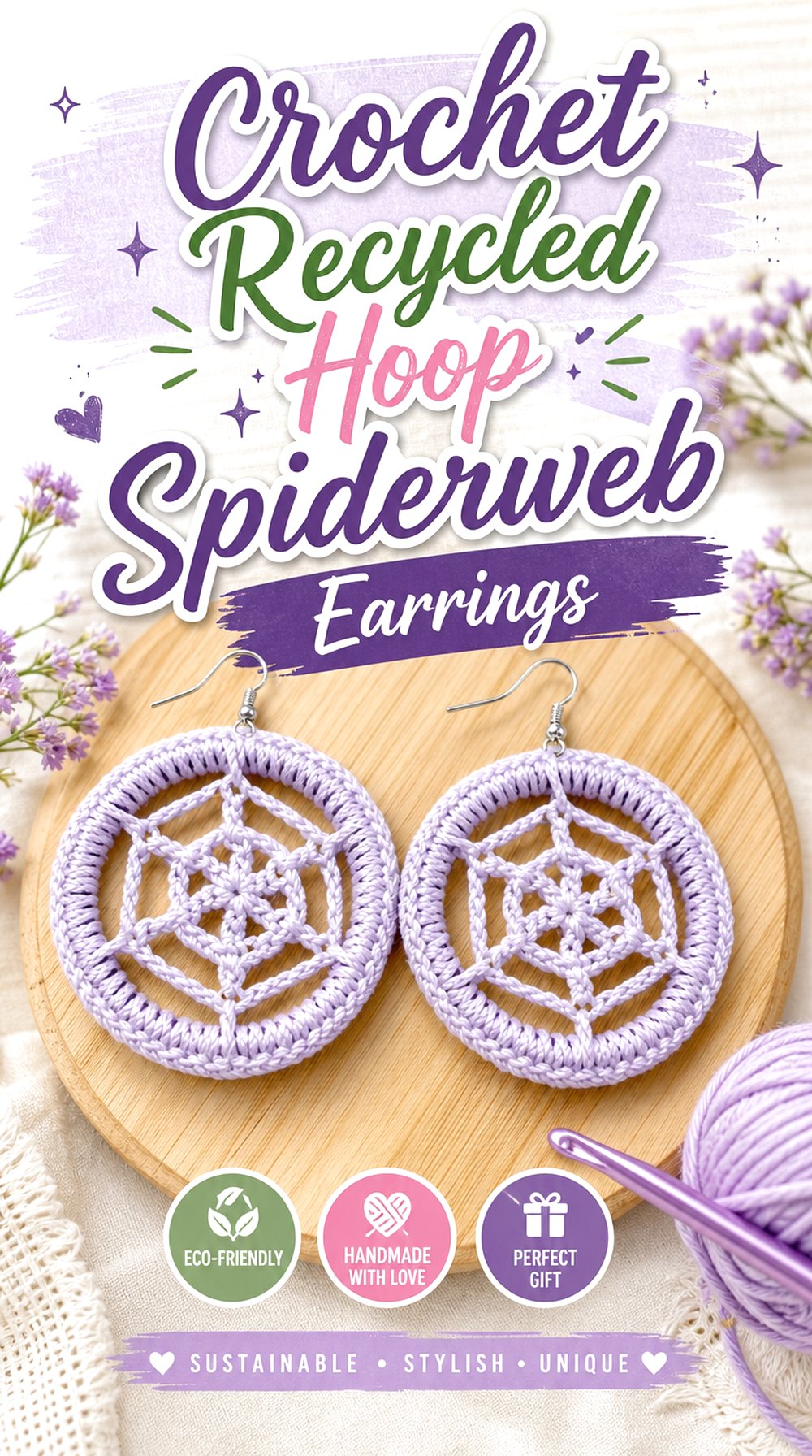 Crochet Recycled Hoop Spiderweb Earrings