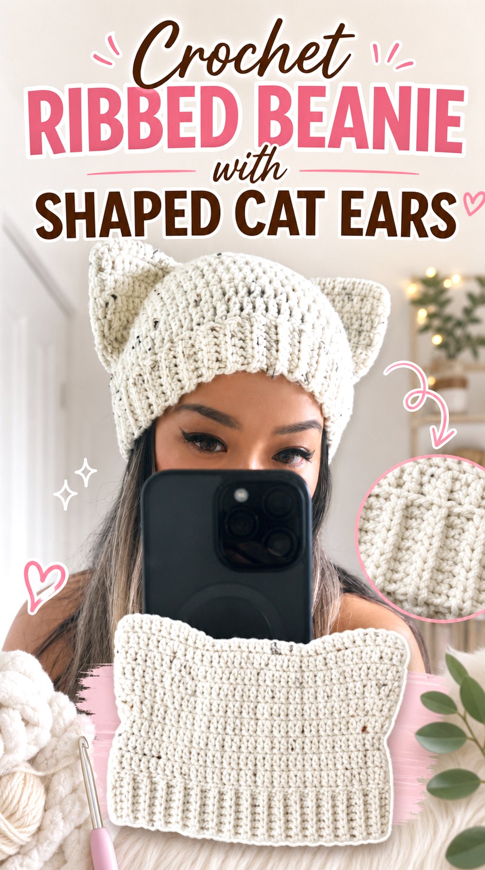 Crochet Ribbed Beanie with Shaped Cat Ears