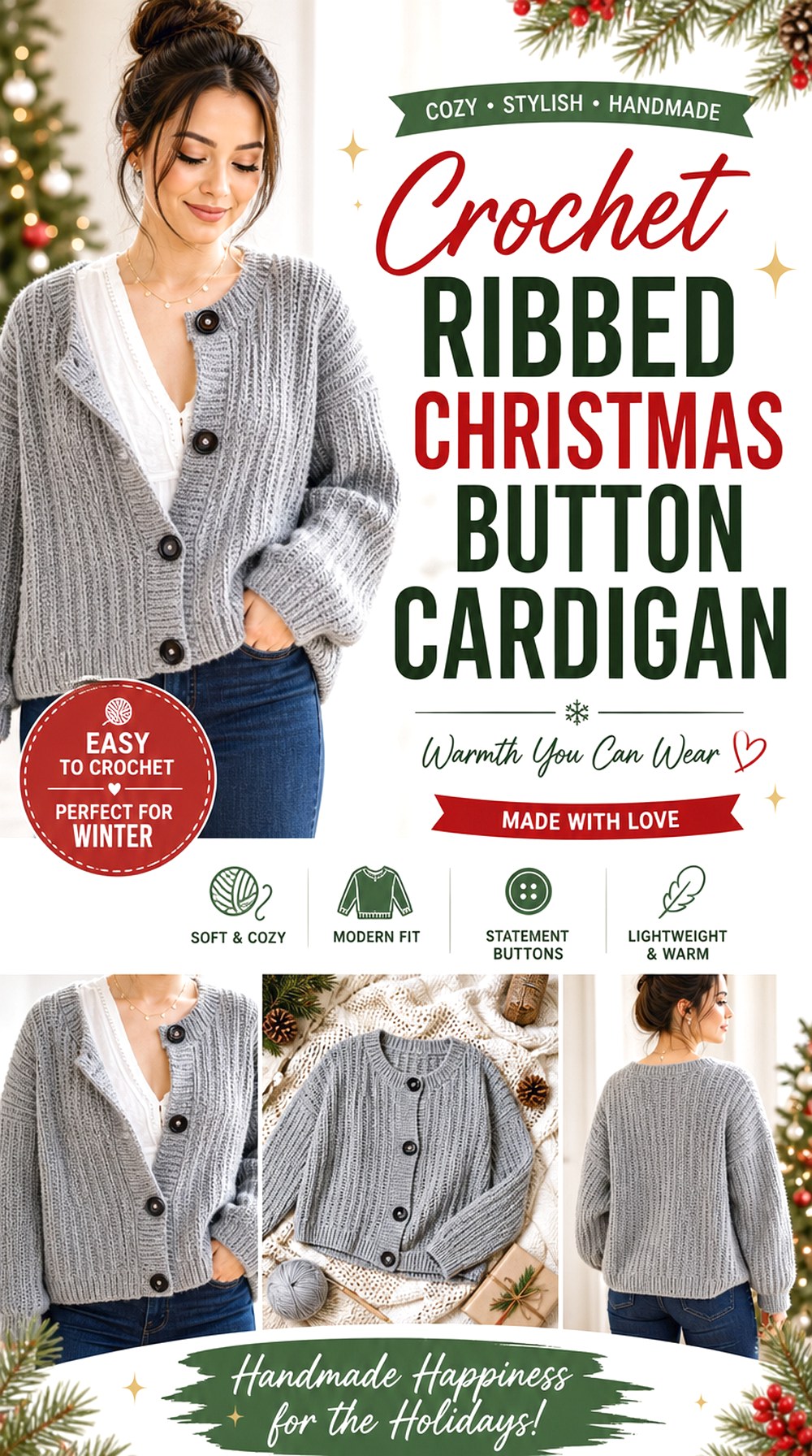 Crochet Ribbed Christmas Button Cardigan