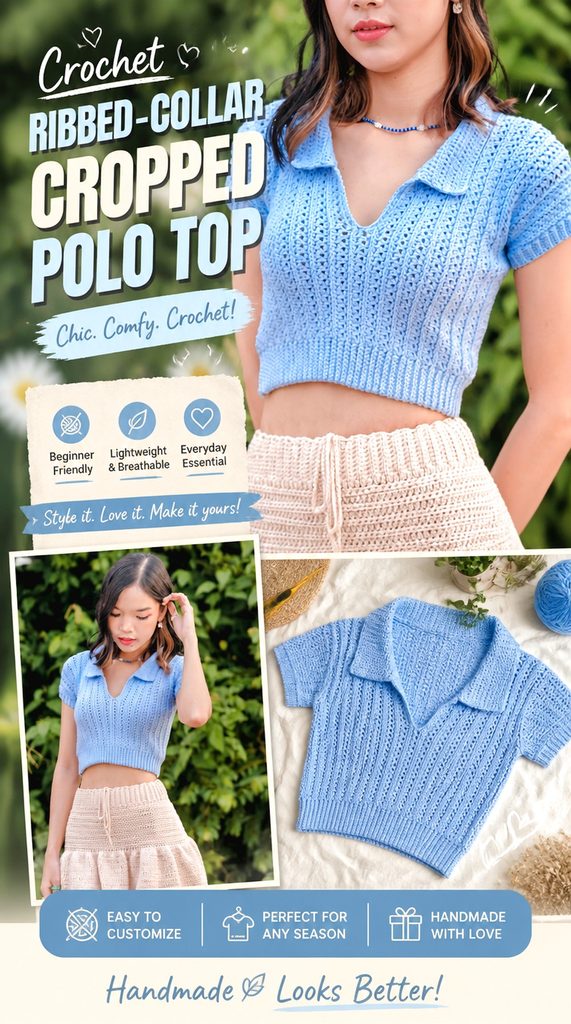 Crochet Ribbed Collar Cropped Polo Top