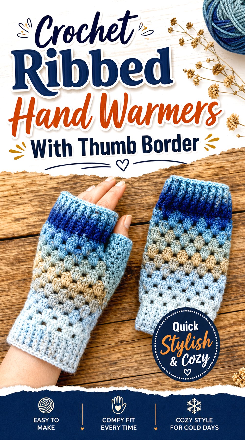 Crochet Ribbed Hand Warmers With Thumb Border