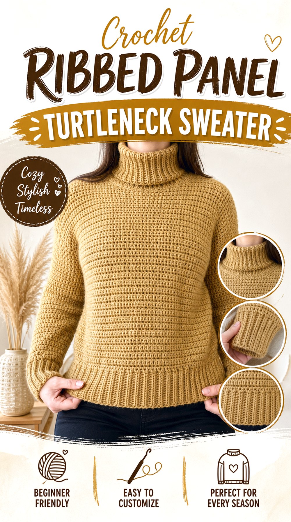 Crochet Ribbed Panel Turtleneck Sweater