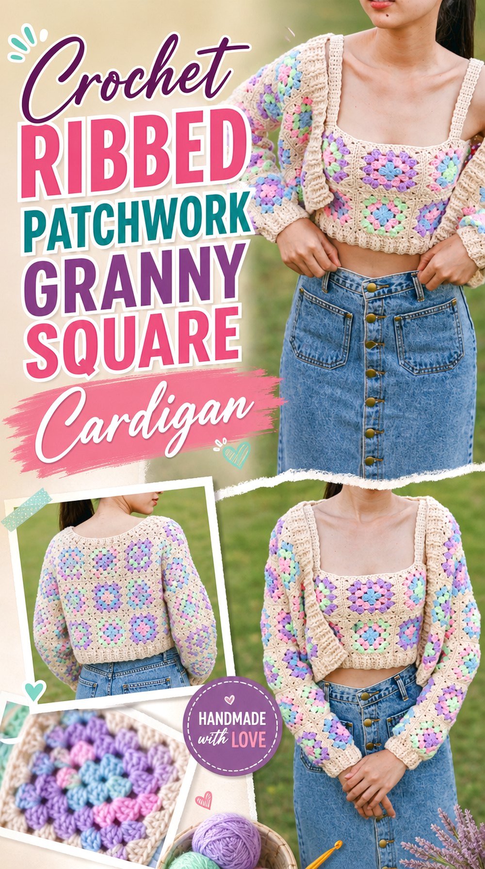 Crochet Ribbed Patchwork Granny Square Cardigan