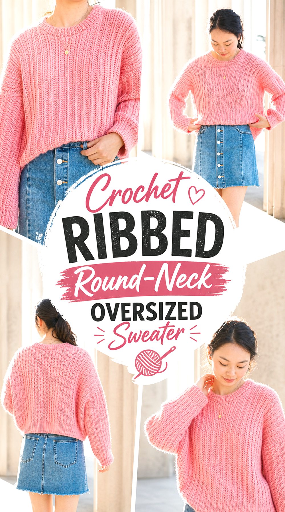 Crochet Ribbed Round Neck Oversized Sweater