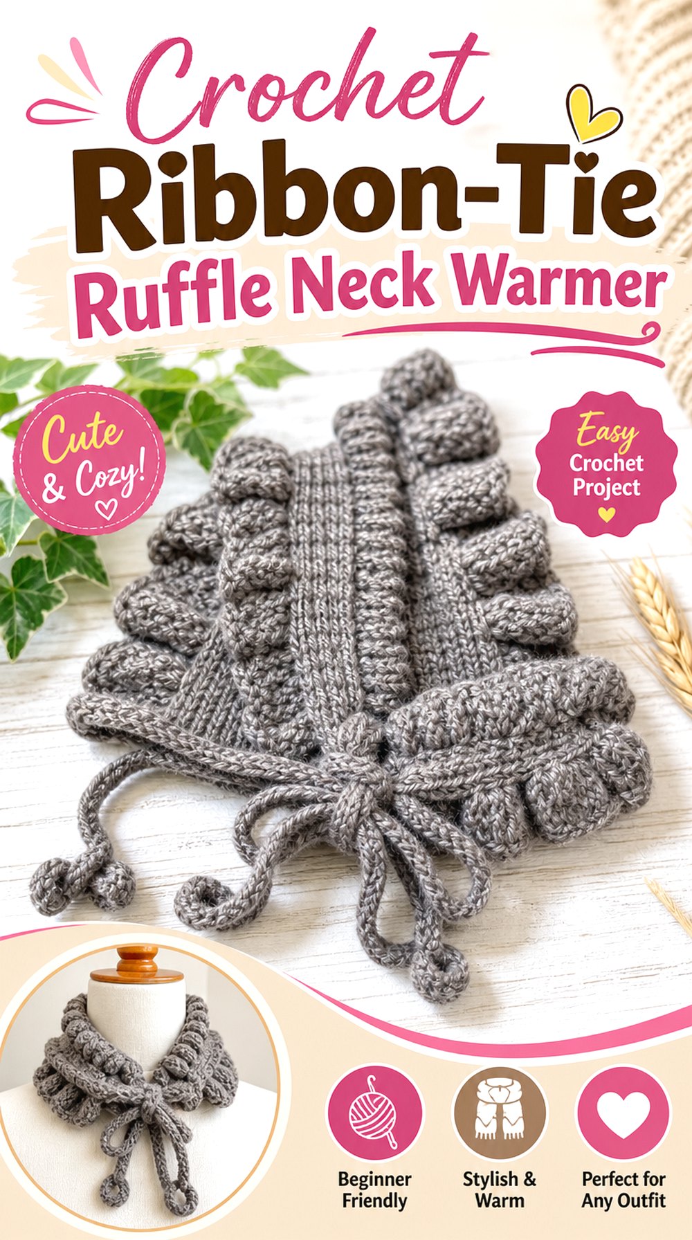 Crochet Ribbon Tie Ruffle Neck Warmer