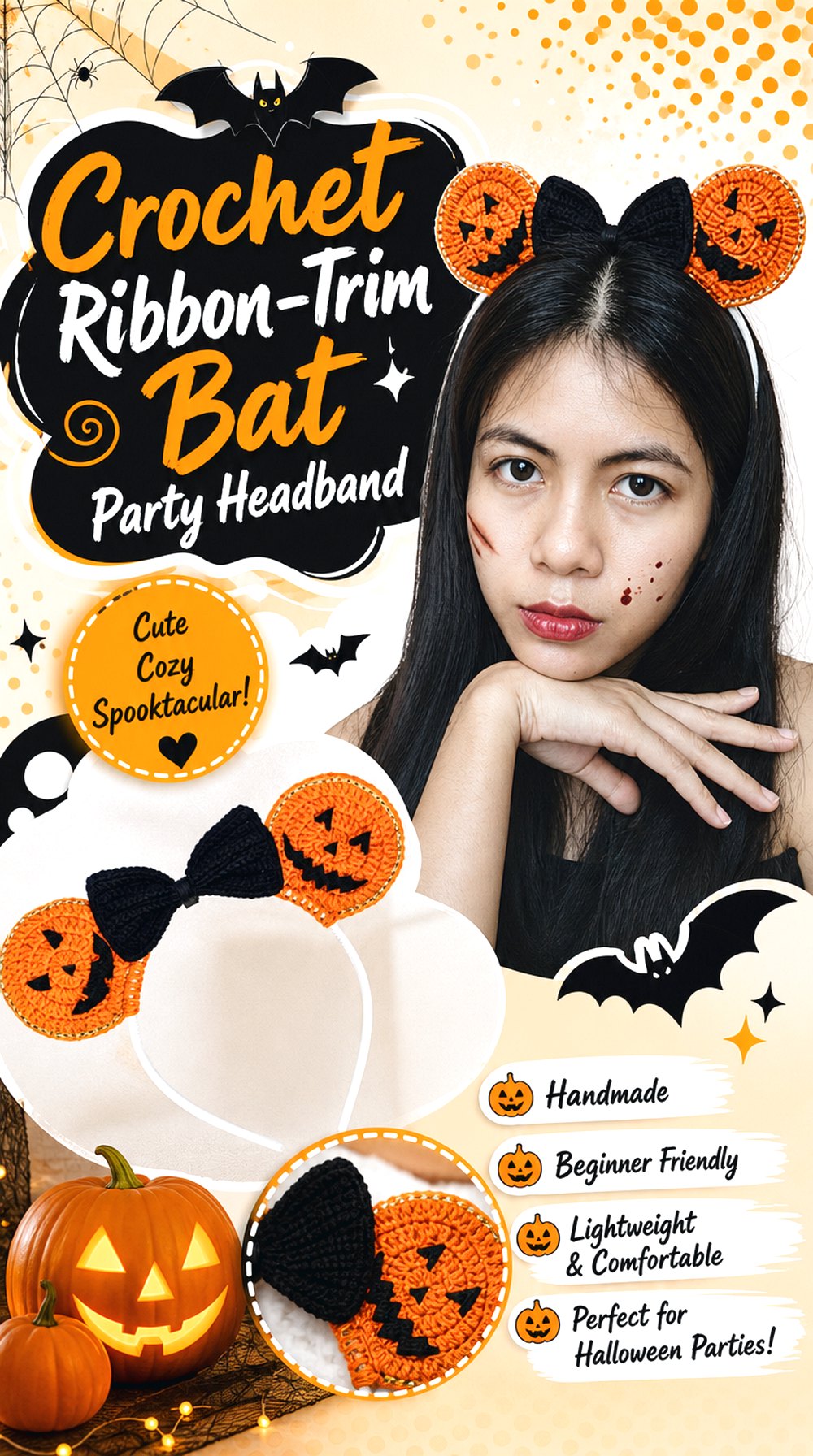 Crochet Ribbon Trim Bat Party Headband