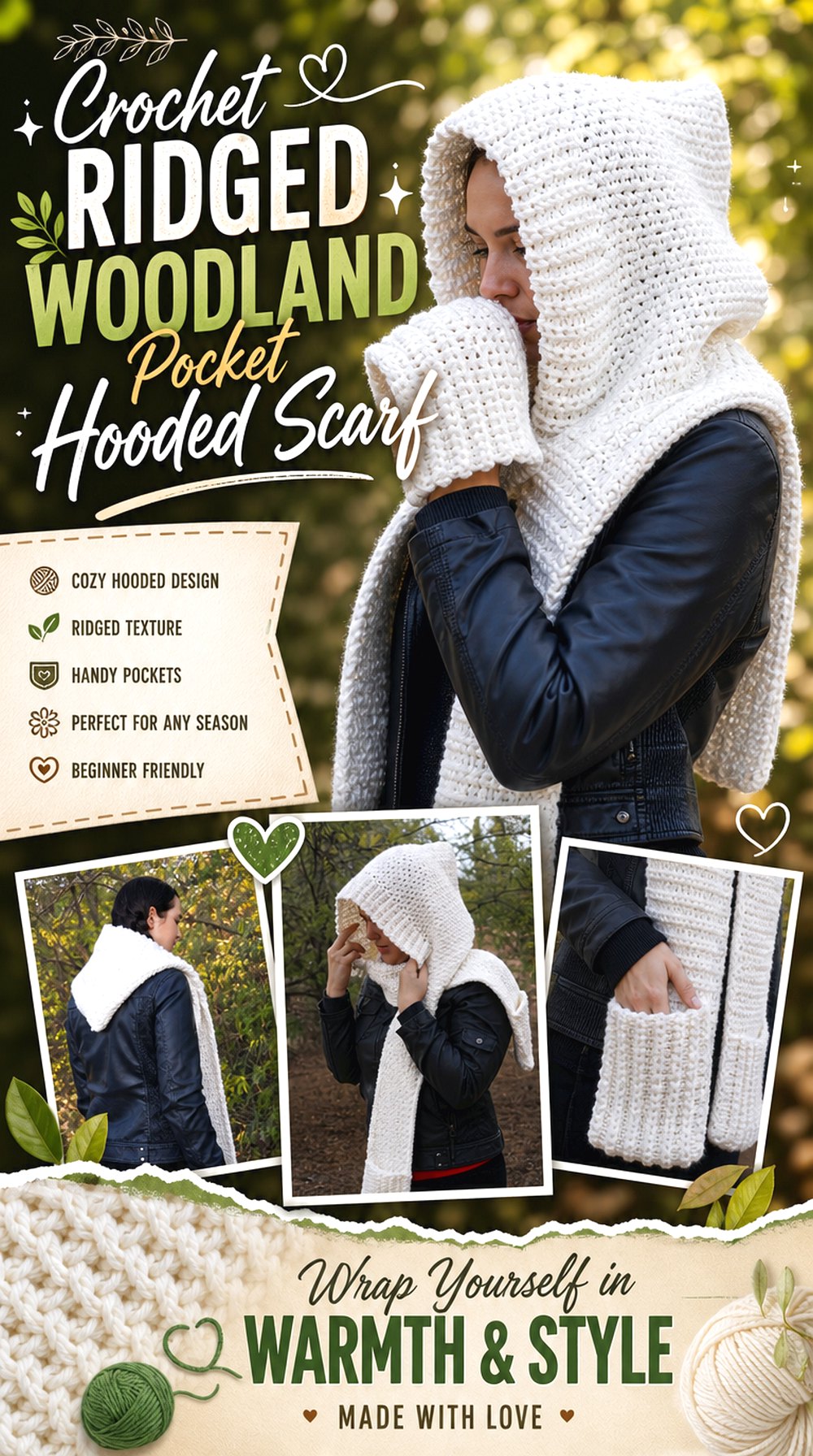 Crochet Ridged Woodland Pocket Hooded Scarf