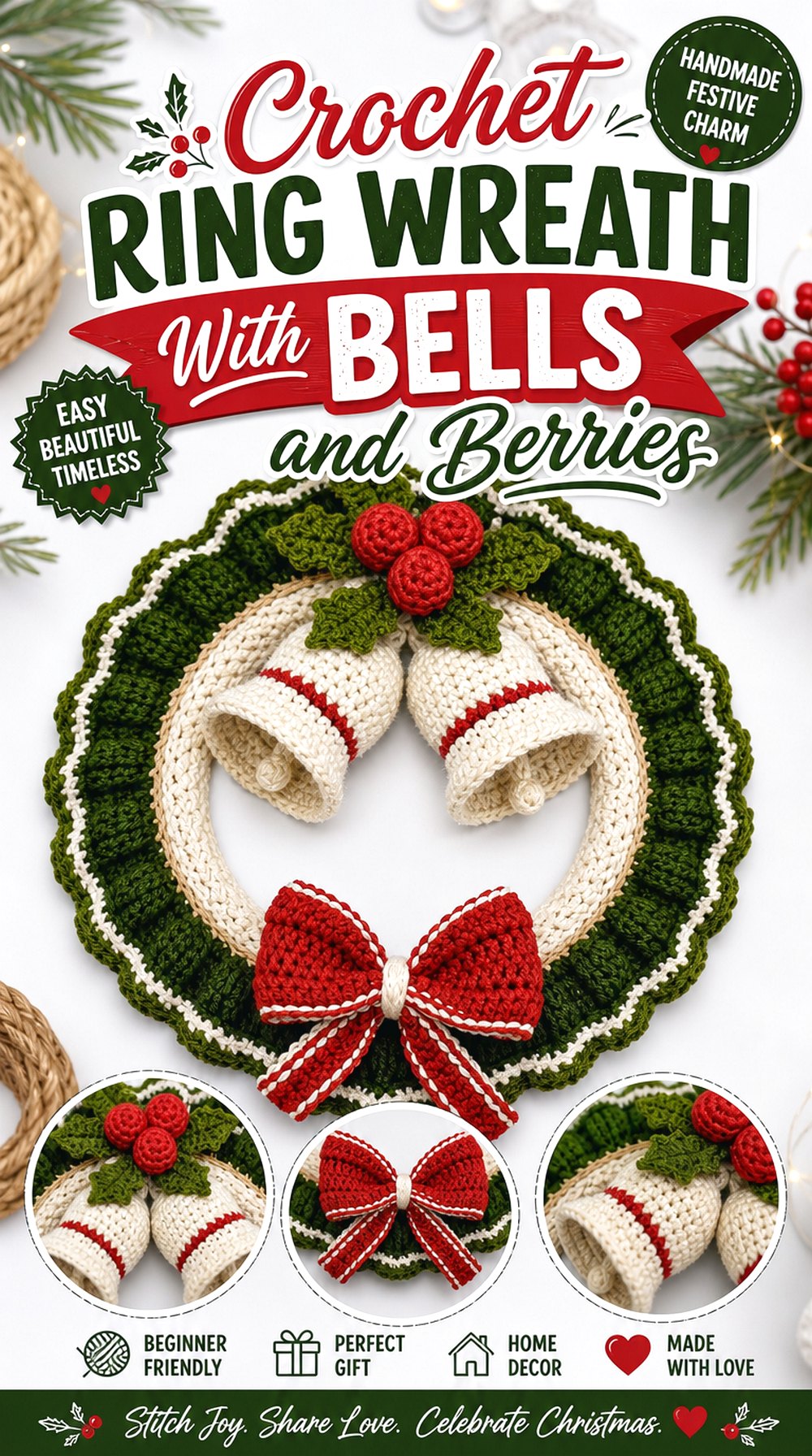 Crochet Ring Wreath With Bells and Berries
