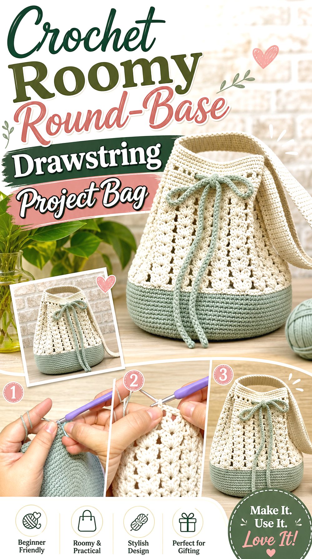 Crochet Roomy Round Base Drawstring Project Bag