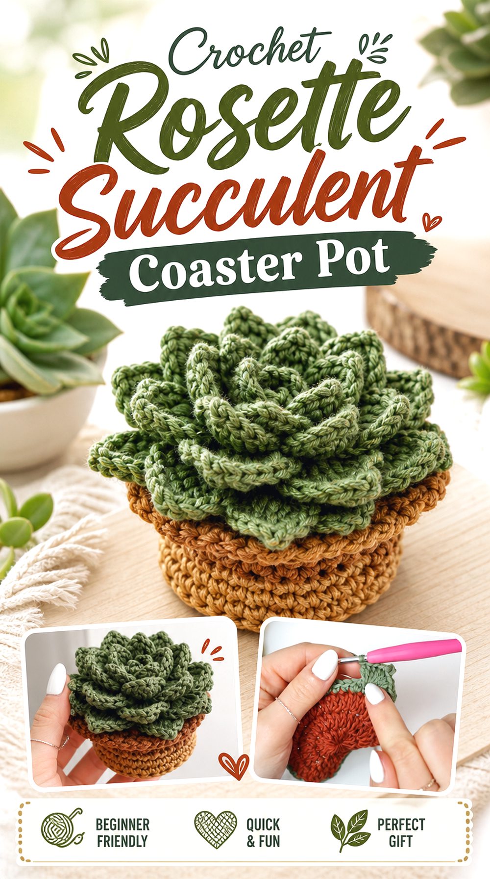Crochet Rosette Succulent Coaster Pot