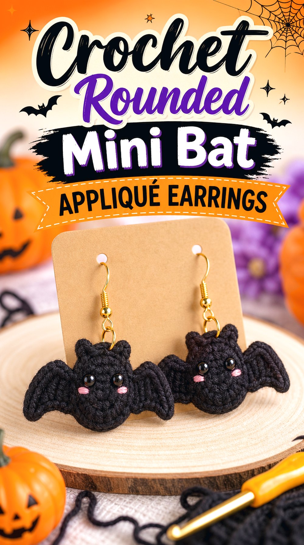 Crochet Rounded Mini Bat Appliqué Earrings