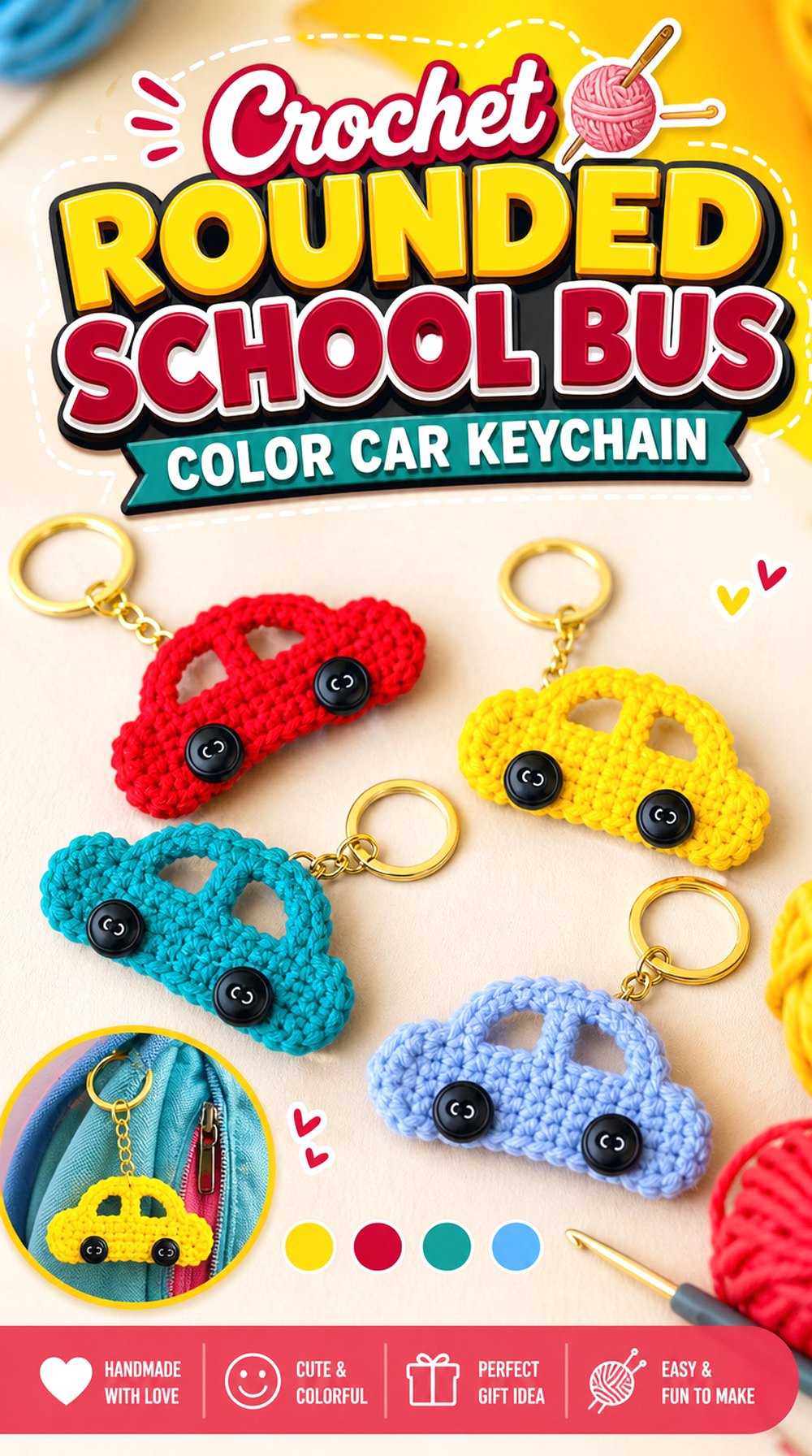Crochet Rounded School Bus Color Car Keychain