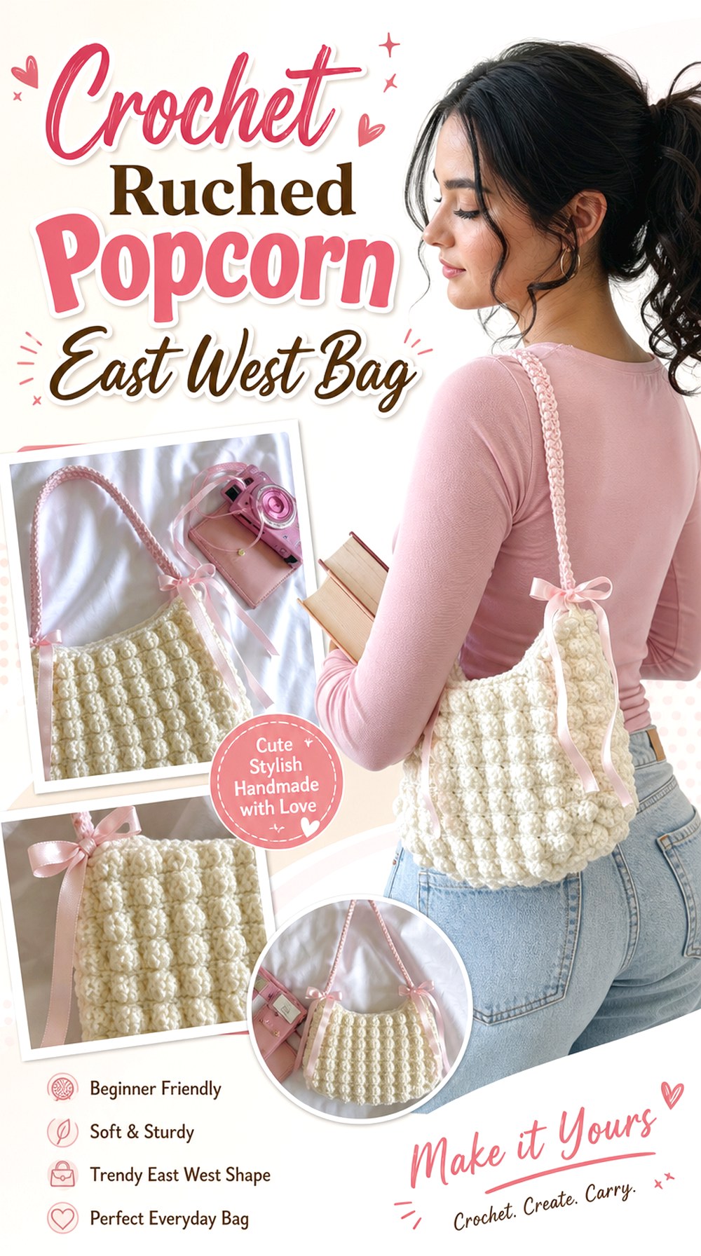 Crochet Ruched Popcorn East West Bag