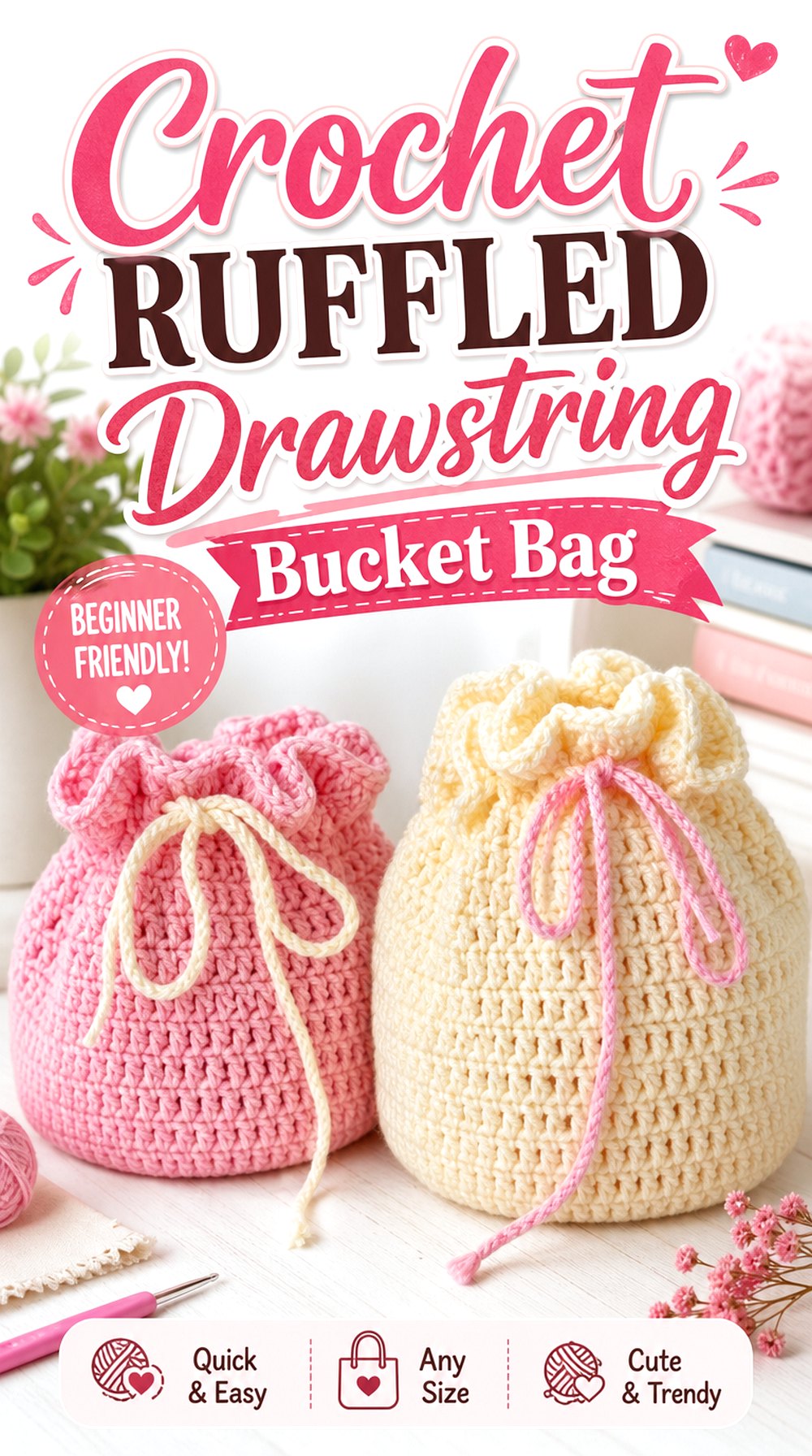 Crochet Ruffled Drawstring Bucket Bag