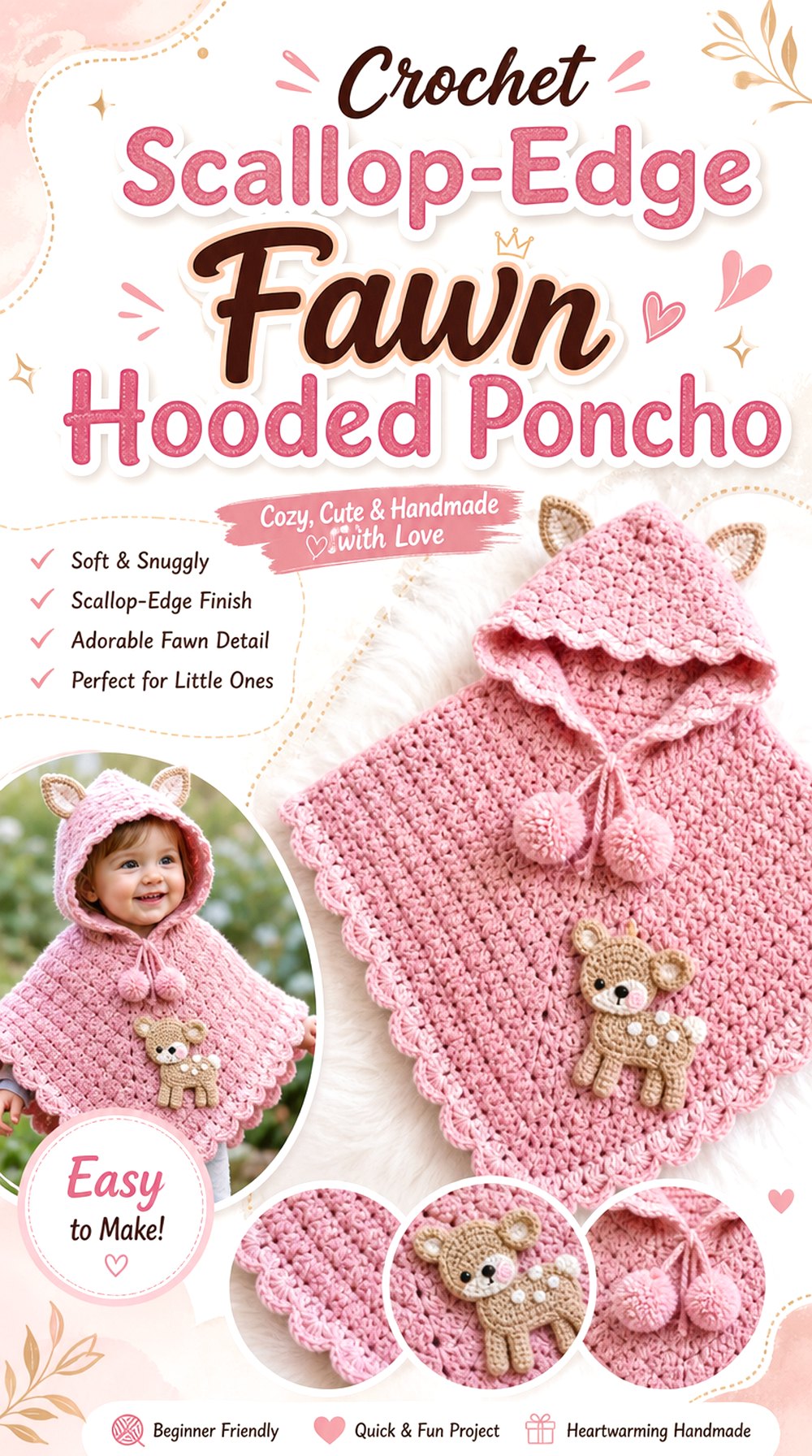 Crochet Scallop Edge Fawn Hooded Poncho