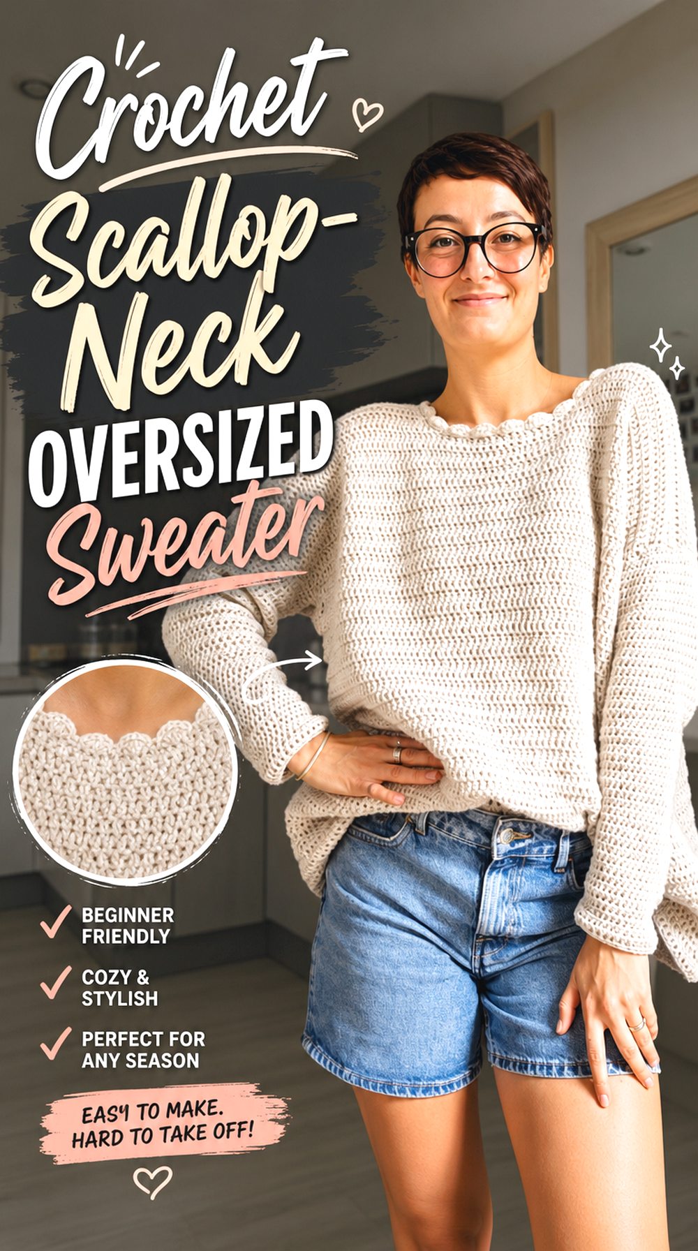 Crochet Scallop Neck Oversized Sweater