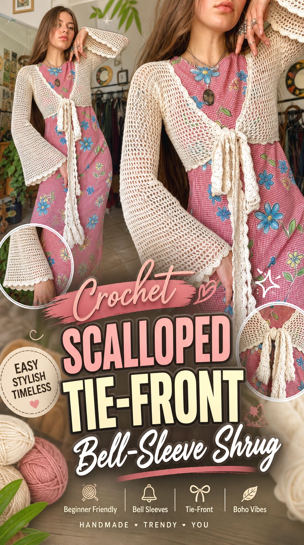 Crochet Scalloped Tie Front Bell Sleeve Shrug