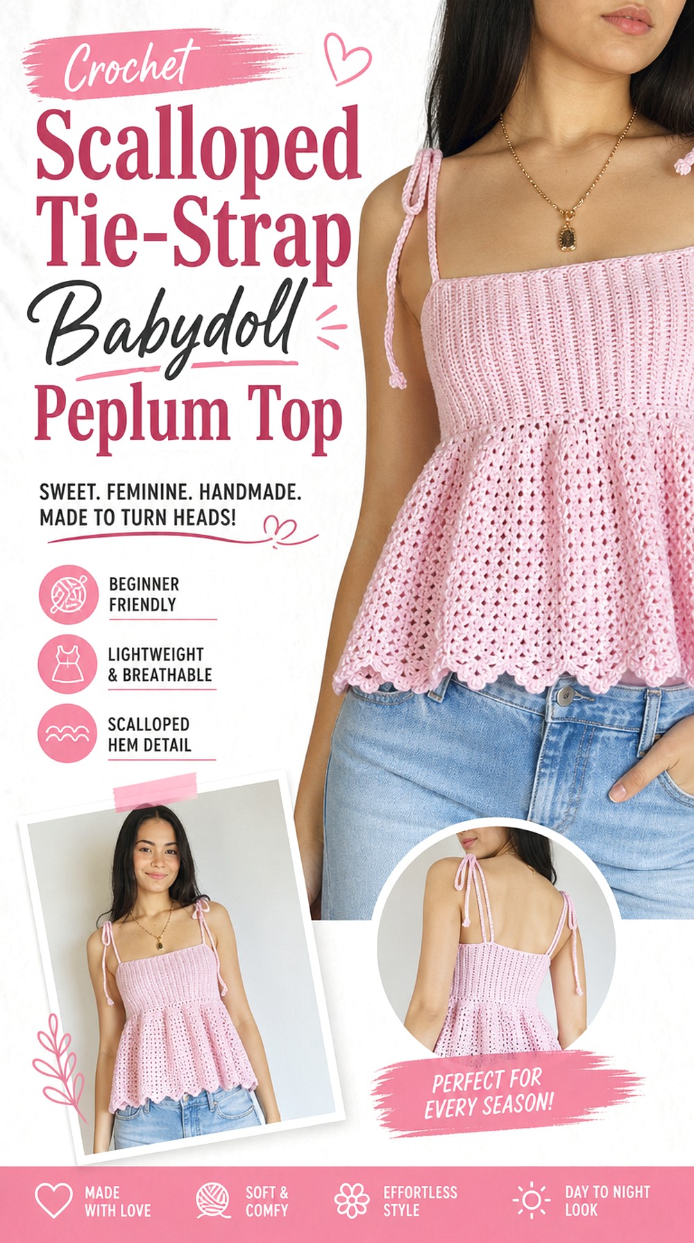 Crochet Scalloped Tie Strap Babydoll Peplum Top