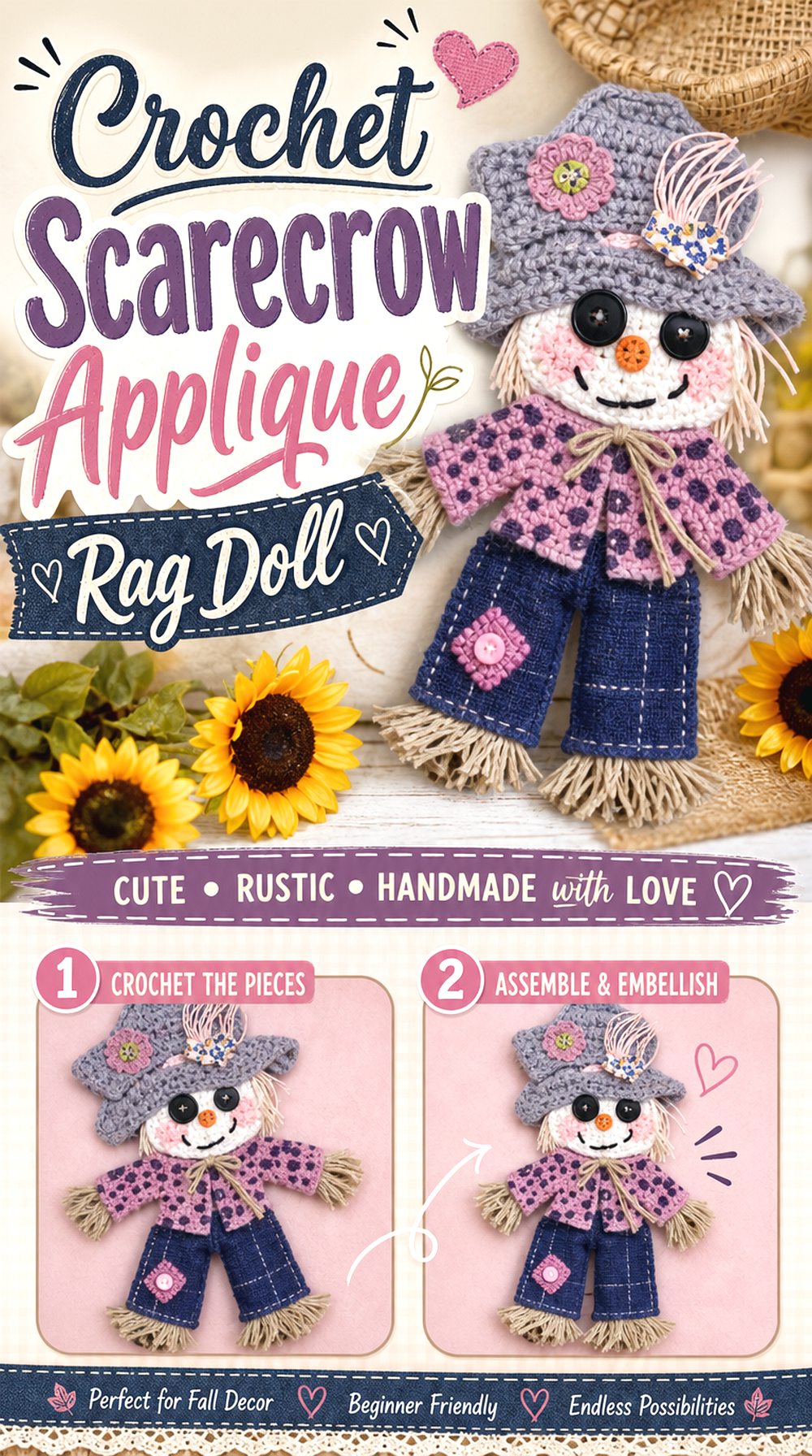 Crochet Scarecrow Applique Rag Doll