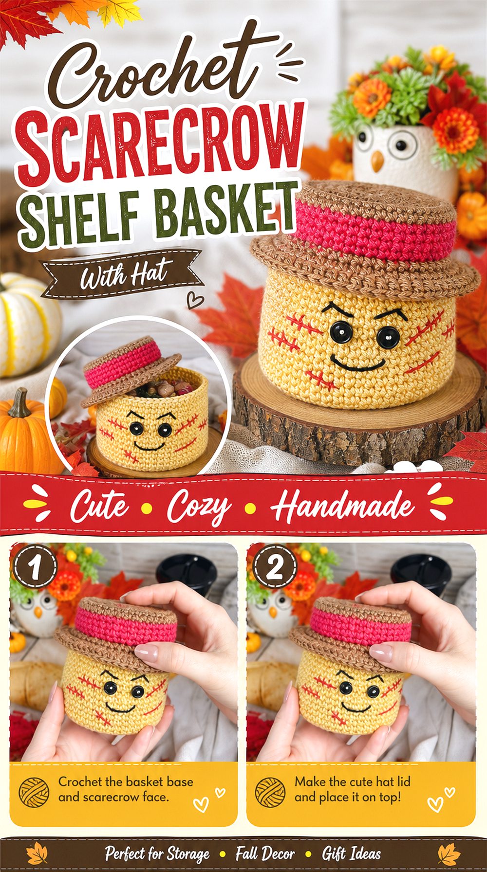 Crochet Scarecrow Shelf Basket With Hat