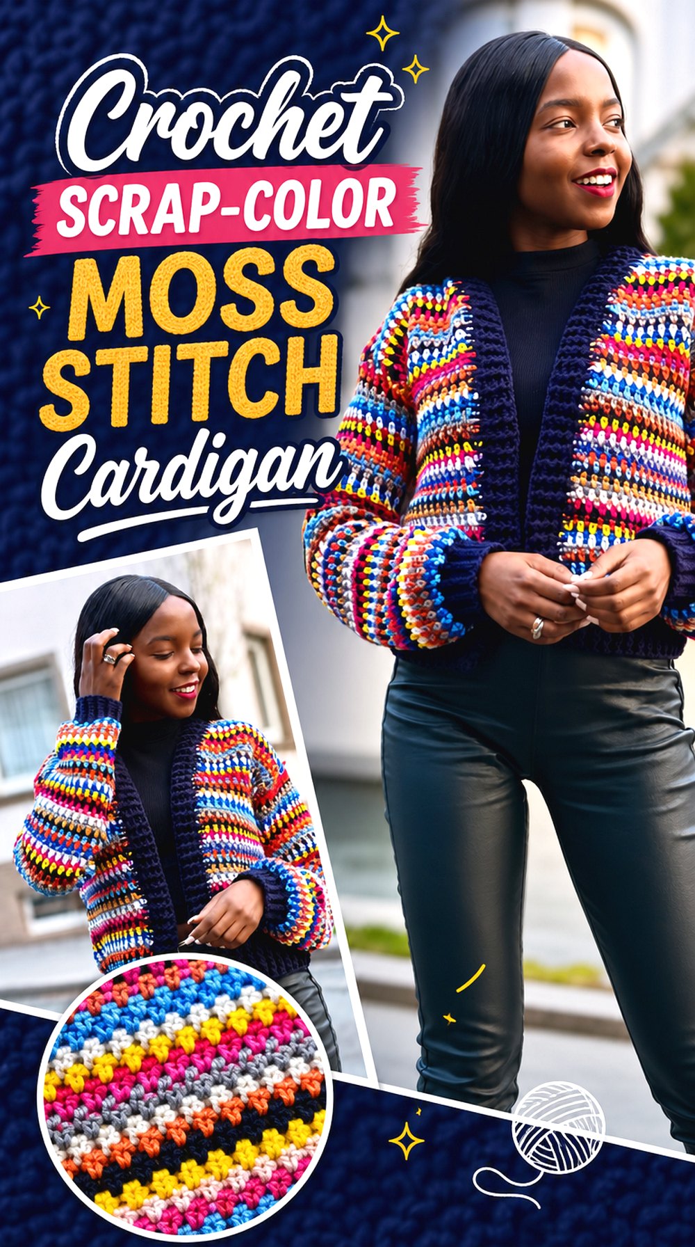 Crochet Scrap Color Moss Stitch Cardigan