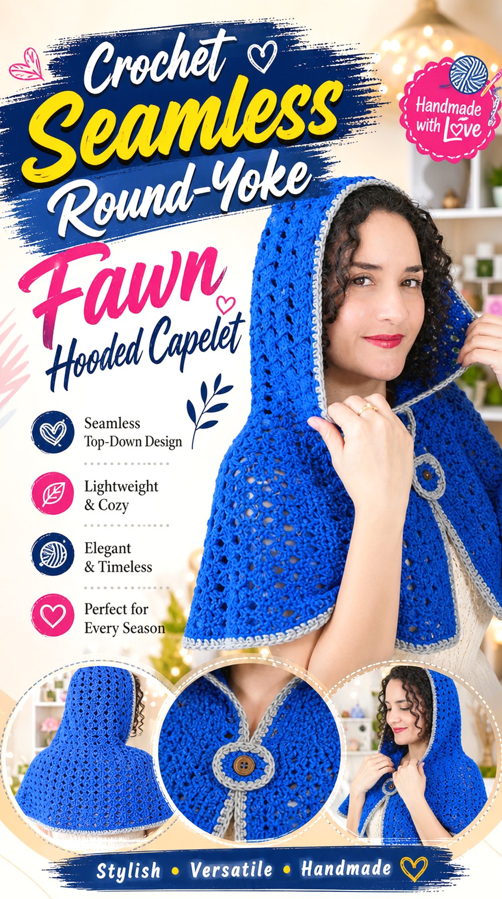 Crochet Seamless Round Yoke Fawn Hooded Capelet