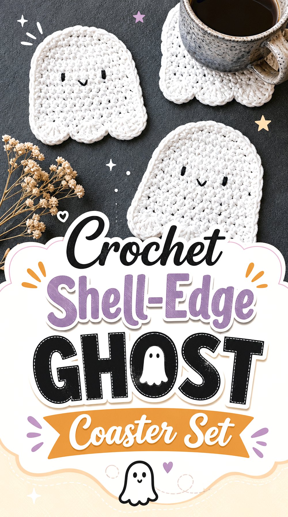 Crochet Shell Edge Ghost Coaster Set