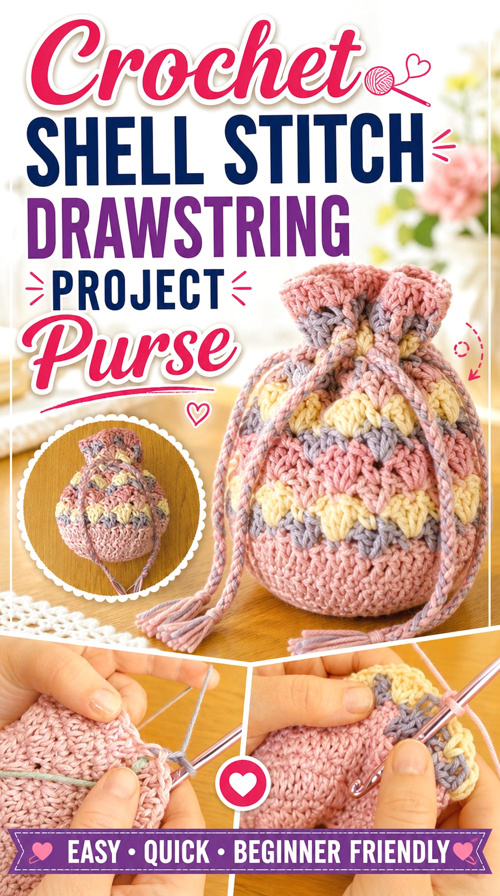 Crochet Shell Stitch Drawstring Project Purse