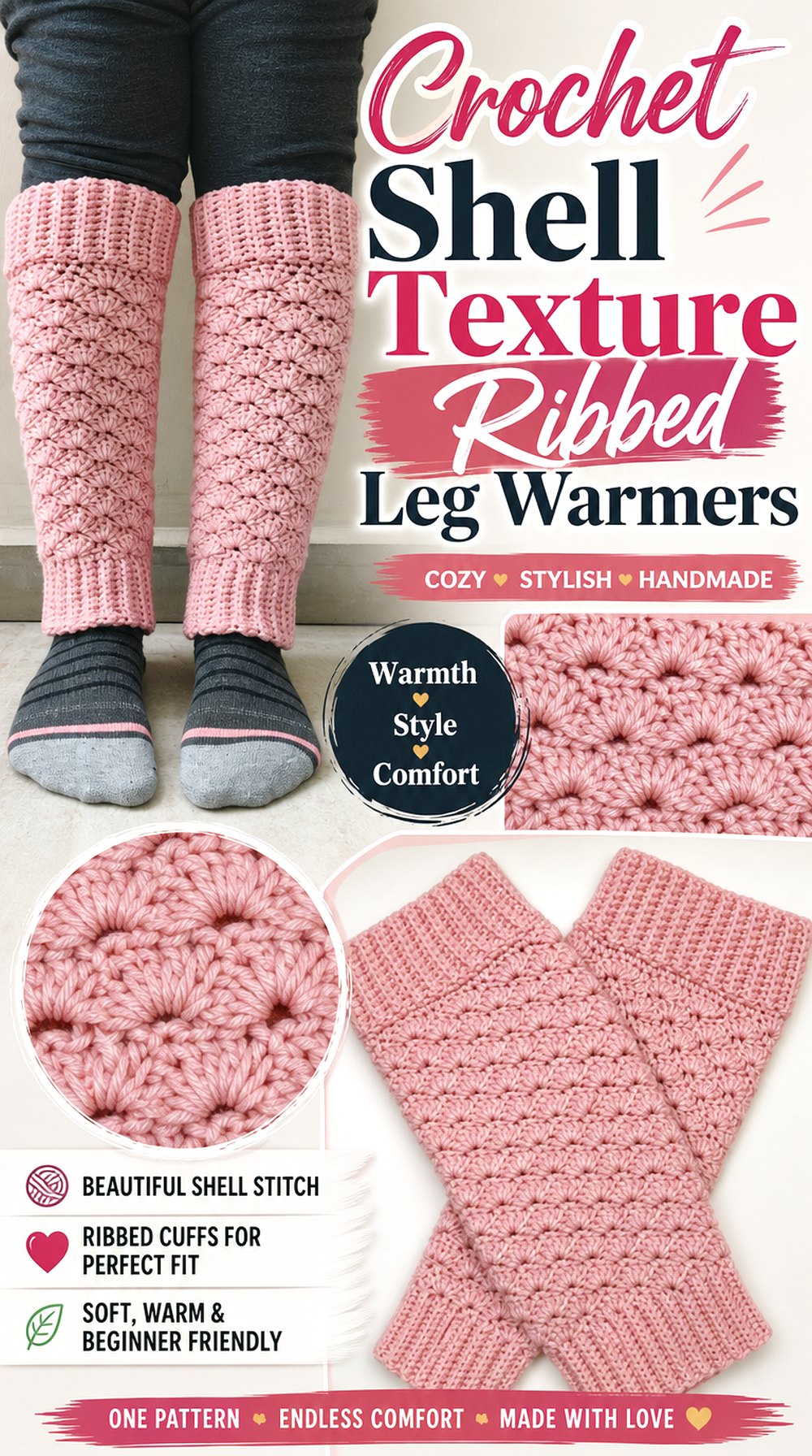 Crochet Shell Texture Ribbed Leg Warmers