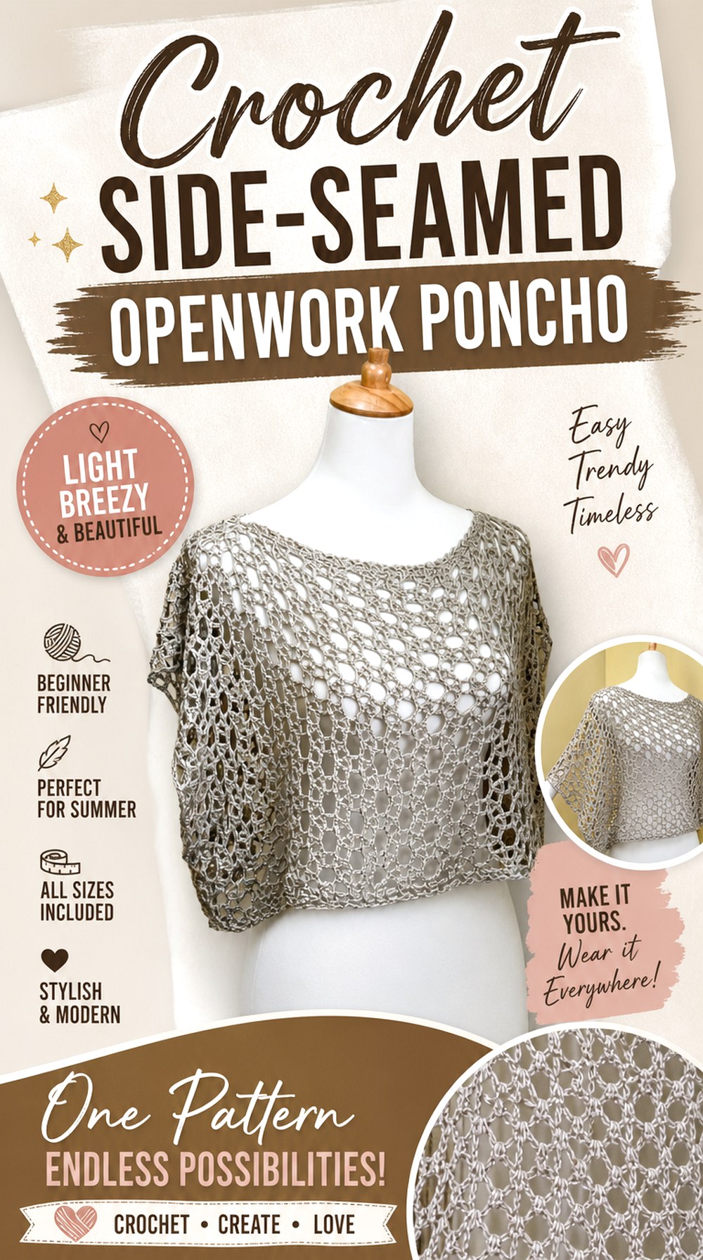 Crochet Side Seamed Openwork Poncho