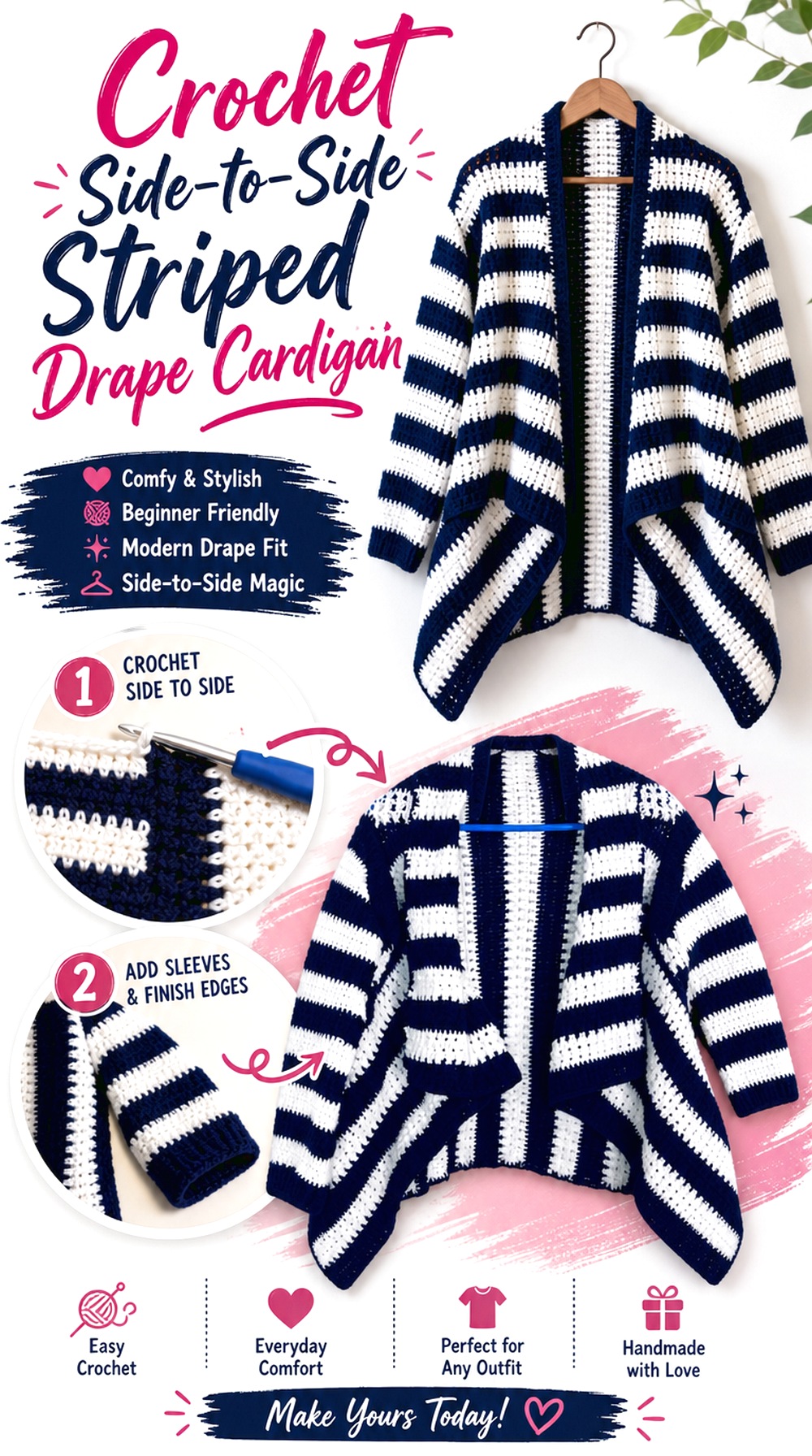 Crochet Side to Side Striped Drape Cardigan
