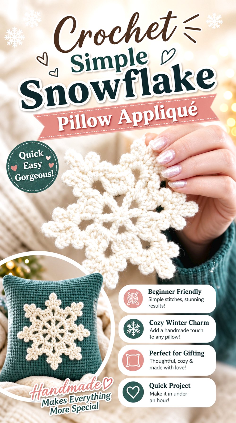 Crochet Simple Snowflake Pillow Appliqué