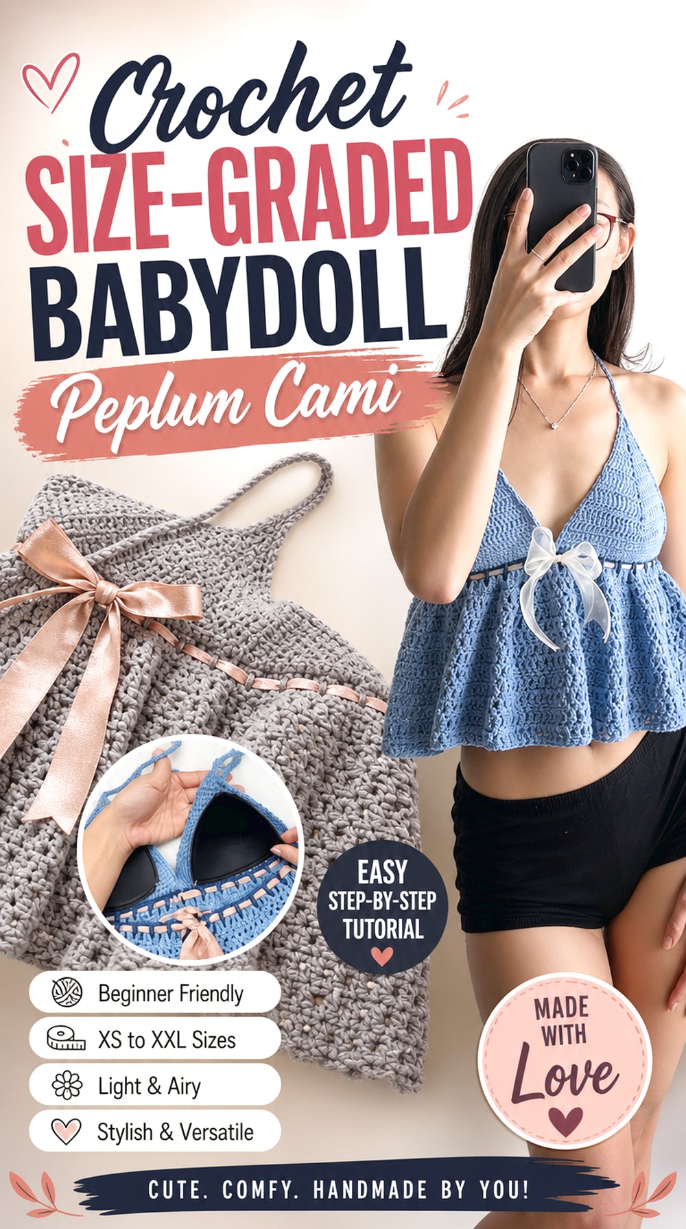 Crochet Size Graded Babydoll Peplum Cami